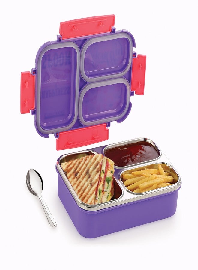STEELLOCK SmartMeal 3 Partition Stainless Steel Insulated Tiffin for Kids & Adults with Spoon | Leak-Proof Lunch Box with Silicone Gasket Lid | Bento Box for School, Boys, Girls & Office 600 ML - Purple. - Image 3